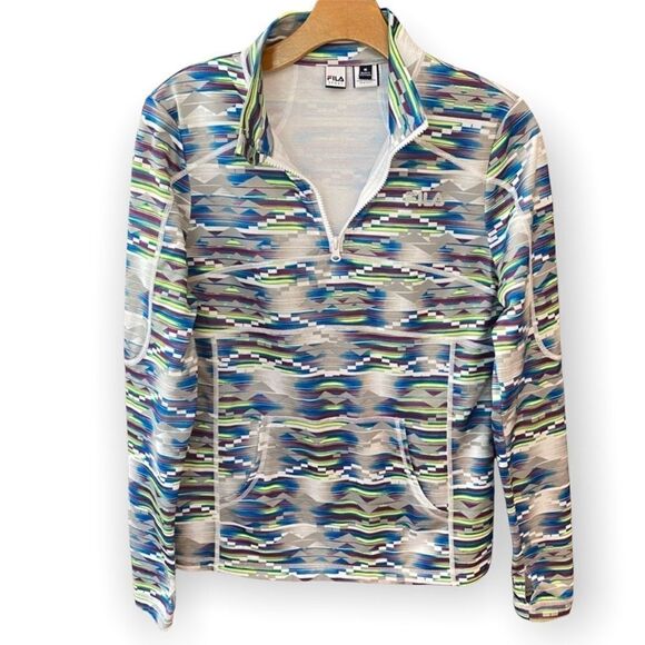 Fila Sport M Women’s Teal Gray Aztec 1/4 Zip Workout Yoga Exercise Jacket - Picture 1 of 9